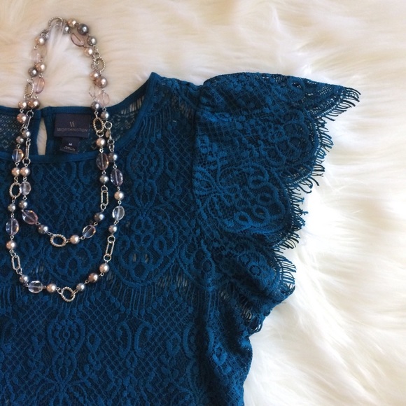 Worthington Tops - Worthington Teal Lace Cut Out Overlay